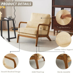 Karl home Accent Chair Mid-Century Modern Chair with Pillow Linen Fabric Upholstered Lounge Arm Chair with Solid Wood Frame & Soft Cushion for Living Room, Bedroom, Balcony, Beige