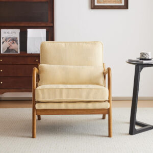 Karl home Accent Chair Mid-Century Modern Chair with Pillow Linen Fabric Upholstered Lounge Arm Chair with Solid Wood Frame & Soft Cushion for Living Room, Bedroom, Balcony, Beige