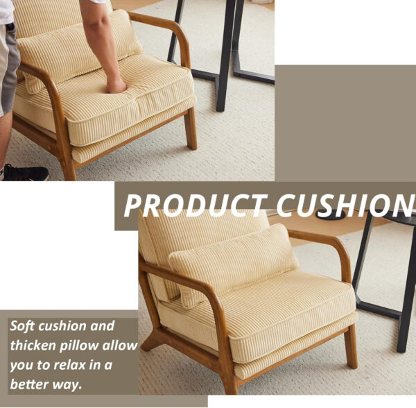 Karl home Accent Chair Mid-Century Modern Chair with Pillow Linen Fabric Upholstered Lounge Arm Chair with Solid Wood Frame & Soft Cushion for Living Room, Bedroom, Balcony, Beige