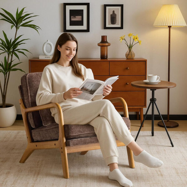 Karl home Accent Chair Mid-Century Modern Chair with Pillow Linen Fabric Upholstered Lounge Arm Chair with Solid Wood Frame & Soft Cushion for Living Room, Bedroom, Balcony, Beige