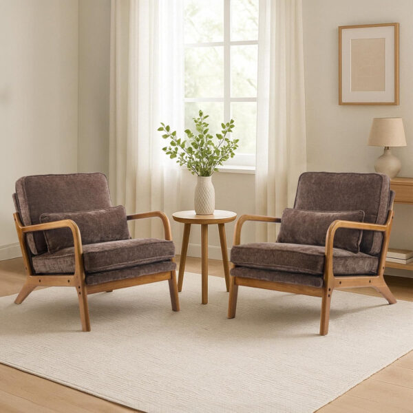 Karl home Accent Chair Mid-Century Modern Chair with Pillow Linen Fabric Upholstered Lounge Arm Chair with Solid Wood Frame & Soft Cushion for Living Room, Bedroom, Balcony, Beige