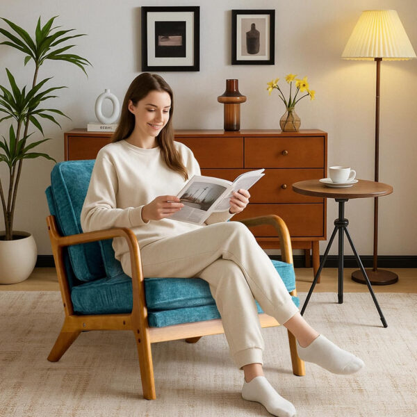 Karl home Accent Chair Mid-Century Modern Chair with Pillow Linen Fabric Upholstered Lounge Arm Chair with Solid Wood Frame & Soft Cushion for Living Room, Bedroom, Balcony, Beige