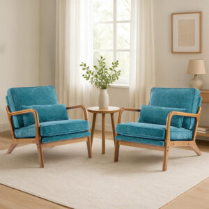 Karl home Accent Chair Mid-Century Modern Chair with Pillow Linen Fabric Upholstered Lounge Arm Chair with Solid Wood Frame & Soft Cushion for Living Room, Bedroom, Balcony, Beige