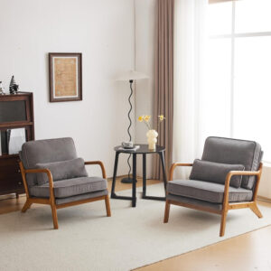 Karl home Accent Chair Mid-Century Modern Chair with Pillow Linen Fabric Upholstered Lounge Arm Chair with Solid Wood Frame & Soft Cushion for Living Room, Bedroom, Balcony, Beige