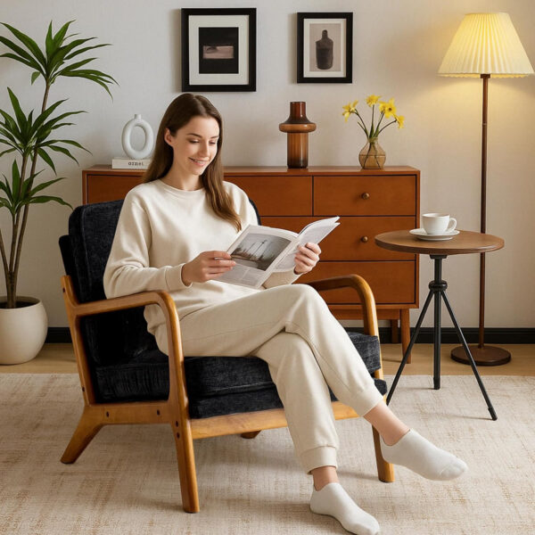 Karl home Accent Chair Mid-Century Modern Chair with Pillow Linen Fabric Upholstered Lounge Arm Chair with Solid Wood Frame & Soft Cushion for Living Room, Bedroom, Balcony, Beige