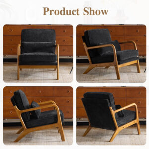 Karl home Accent Chair Mid-Century Modern Chair with Pillow Linen Fabric Upholstered Lounge Arm Chair with Solid Wood Frame & Soft Cushion for Living Room, Bedroom, Balcony, Beige