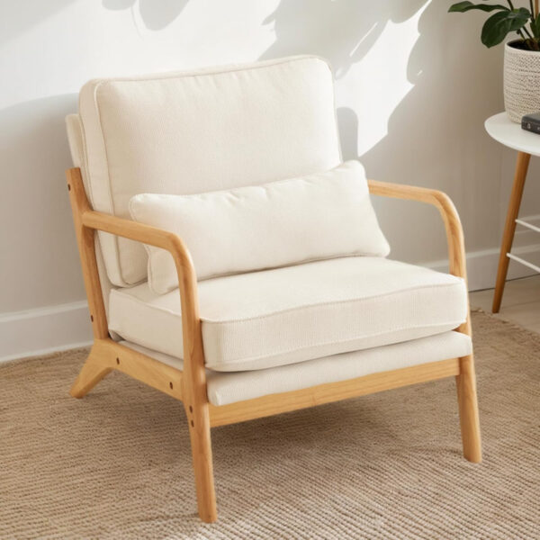 Karl home Accent Chair Mid-Century Modern Chair with Pillow Linen Fabric Upholstered Lounge Arm Chair with Solid Wood Frame & Soft Cushion for Living Room, Bedroom, Balcony, Beige