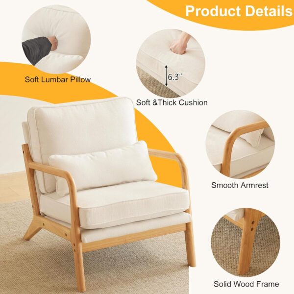 Karl home Accent Chair Mid-Century Modern Chair with Pillow Linen Fabric Upholstered Lounge Arm Chair with Solid Wood Frame & Soft Cushion for Living Room, Bedroom, Balcony, Beige