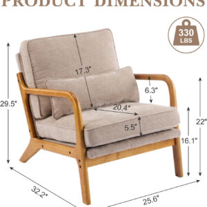 Karl home Accent Chair Mid-Century Modern Chair with Pillow Linen Fabric Upholstered Lounge Arm Chair with Solid Wood Frame & Soft Cushion for Living Room, Bedroom, Balcony, Beige