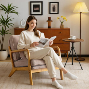 Karl home Accent Chair Mid-Century Modern Chair with Pillow Linen Fabric Upholstered Lounge Arm Chair with Solid Wood Frame & Soft Cushion for Living Room, Bedroom, Balcony, Beige