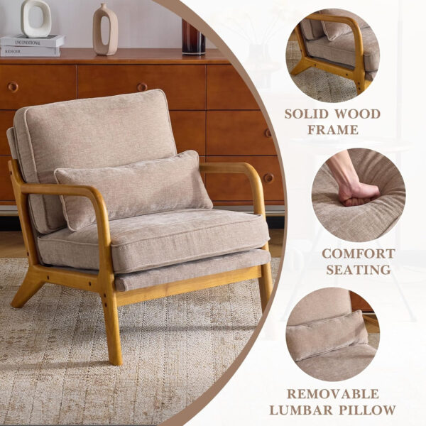 Karl home Accent Chair Mid-Century Modern Chair with Pillow Linen Fabric Upholstered Lounge Arm Chair with Solid Wood Frame & Soft Cushion for Living Room, Bedroom, Balcony, Beige