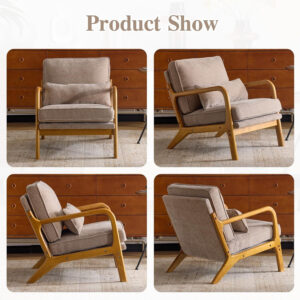 Karl home Accent Chair Mid-Century Modern Chair with Pillow Linen Fabric Upholstered Lounge Arm Chair with Solid Wood Frame & Soft Cushion for Living Room, Bedroom, Balcony, Beige