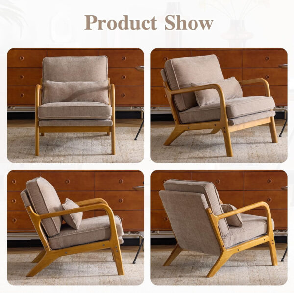Karl home Accent Chair Mid-Century Modern Chair with Pillow Linen Fabric Upholstered Lounge Arm Chair with Solid Wood Frame & Soft Cushion for Living Room, Bedroom, Balcony, Beige