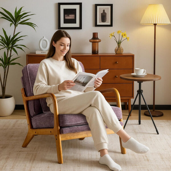 Karl home Accent Chair Mid-Century Modern Chair with Pillow Linen Fabric Upholstered Lounge Arm Chair with Solid Wood Frame & Soft Cushion for Living Room, Bedroom, Balcony, Beige