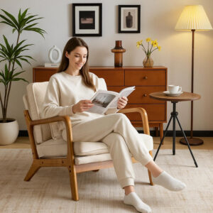 Karl home Accent Chair Mid-Century Modern Chair with Pillow Linen Fabric Upholstered Lounge Arm Chair with Solid Wood Frame & Soft Cushion for Living Room, Bedroom, Balcony, Beige