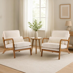 Karl home Accent Chair Mid-Century Modern Chair with Pillow Linen Fabric Upholstered Lounge Arm Chair with Solid Wood Frame & Soft Cushion for Living Room, Bedroom, Balcony, Beige