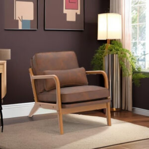 Karl home Accent Chair Mid-Century Modern Chair with Pillow Linen Fabric Upholstered Lounge Arm Chair with Solid Wood Frame & Soft Cushion for Living Room, Bedroom, Balcony, Beige