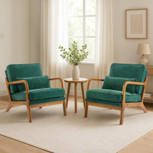 Karl home Accent Chair Mid-Century Modern Chair with Pillow Linen Fabric Upholstered Lounge Arm Chair with Solid Wood Frame & Soft Cushion for Living Room, Bedroom, Balcony, Beige