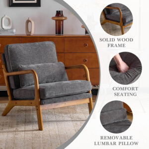 Karl home Accent Chair Mid-Century Modern Chair with Pillow Linen Fabric Upholstered Lounge Arm Chair with Solid Wood Frame & Soft Cushion for Living Room, Bedroom, Balcony, Beige