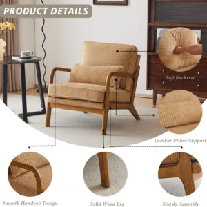 Karl home Accent Chair Mid-Century Modern Chair with Pillow Linen Fabric Upholstered Lounge Arm Chair with Solid Wood Frame & Soft Cushion for Living Room, Bedroom, Balcony, Beige