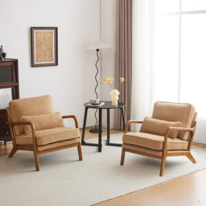 Karl home Accent Chair Mid-Century Modern Chair with Pillow Linen Fabric Upholstered Lounge Arm Chair with Solid Wood Frame & Soft Cushion for Living Room, Bedroom, Balcony, Beige