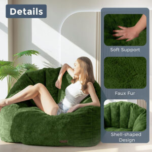 MAXYOYO Giant Bean Bag Chair, Oversized Bean Bag Couch for Adults and Kids, Faux Fur Shell-Shaped Large Chair with Filler, Stuffed Big Accent Sofa Lounge Floor Sofa for Gaming, Reading, Beige