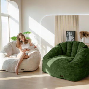 MAXYOYO Giant Bean Bag Chair, Oversized Bean Bag Couch for Adults and Kids, Faux Fur Shell-Shaped Large Chair with Filler, Stuffed Big Accent Sofa Lounge Floor Sofa for Gaming, Reading, Beige