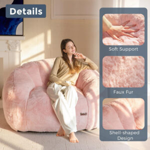 MAXYOYO Giant Bean Bag Chair, Oversized Bean Bag Couch for Adults and Kids, Faux Fur Shell-Shaped Large Chair with Filler, Stuffed Big Accent Sofa Lounge Floor Sofa for Gaming, Reading, Beige