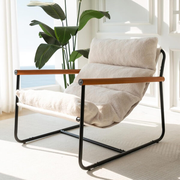 MAXYOYO Sherpa Accent Chair, Boucle Arm Chair Living Room Chair, Reading Accent Chair, Mid Century Modern Bedroom Chair,Teddy Armchair Wooden Arms Metal Frame