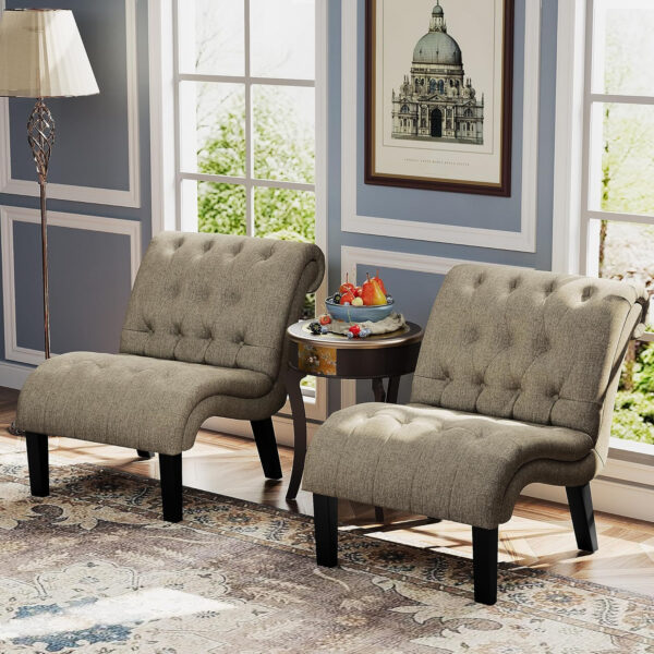 Yongqiang Black Faux Leather Accent Chair Modern Button Tufted Upholstered Armless Chair for Bedroom Living Room with Wood Legs