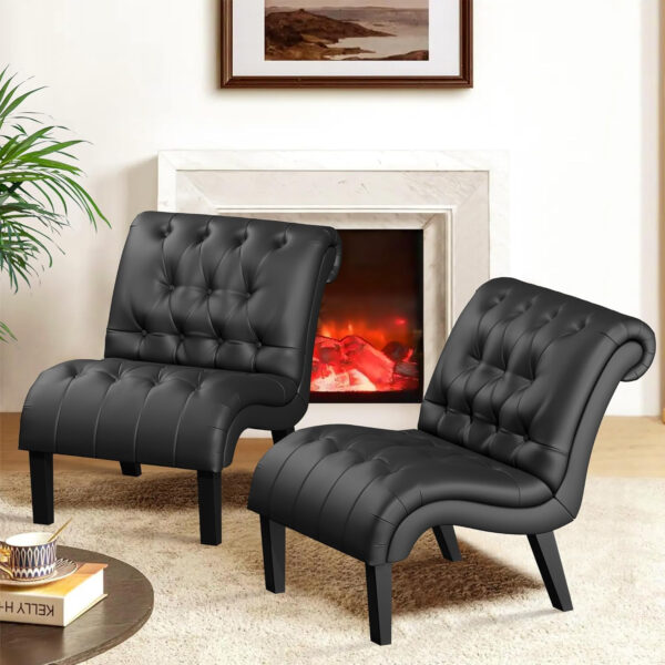 Yongqiang Black Faux Leather Accent Chair Modern Button Tufted Upholstered Armless Chair for Bedroom Living Room with Wood Legs