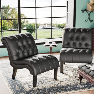 Yongqiang Black Faux Leather Accent Chair Modern Button Tufted Upholstered Armless Chair for Bedroom Living Room with Wood Legs