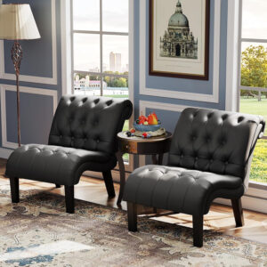Yongqiang Black Faux Leather Accent Chair Modern Button Tufted Upholstered Armless Chair for Bedroom Living Room with Wood Legs