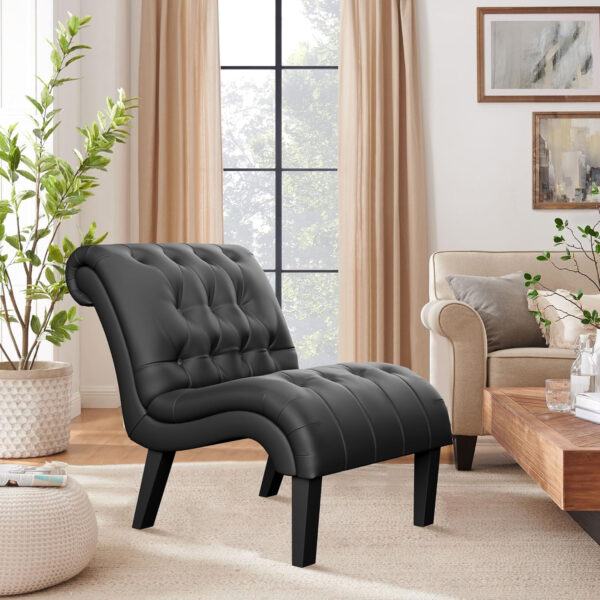 Yongqiang Black Faux Leather Accent Chair Modern Button Tufted Upholstered Armless Chair for Bedroom Living Room with Wood Legs