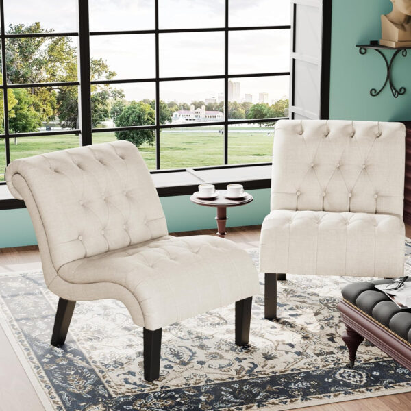 Yongqiang Black Faux Leather Accent Chair Modern Button Tufted Upholstered Armless Chair for Bedroom Living Room with Wood Legs