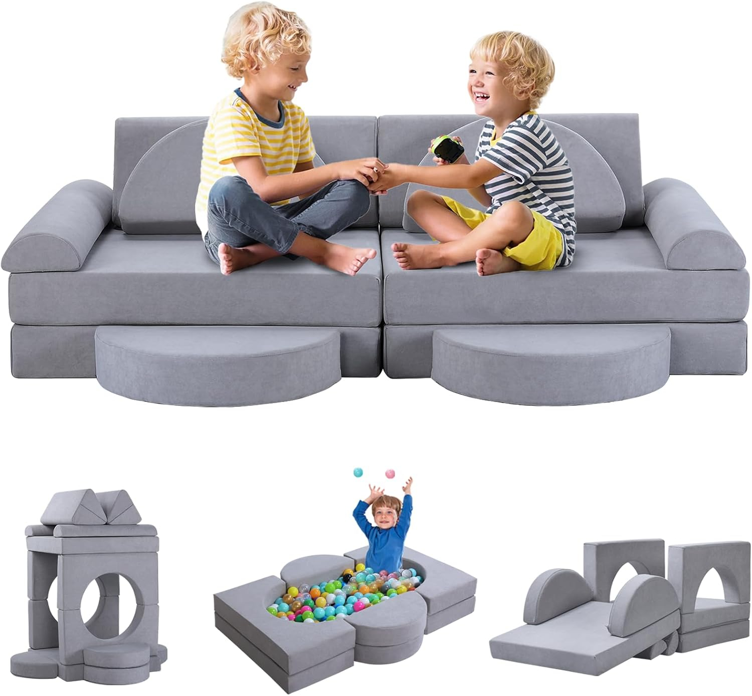 14Pcs Modular Kids Play Couch: Foam Toddler Building Blocks - Removable Kids Sofa Climbing Toys for Playing, Creativity, Convertible Play Fort Sectional Couch for Playroom, Bedroom Furniture, Grey