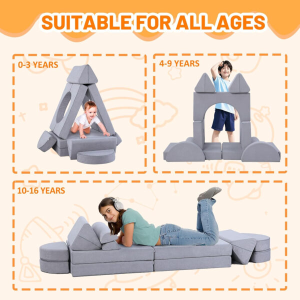 14Pcs Modular Kids Play Couch: Foam Toddler Building Blocks - Removable Kids Sofa Climbing Toys for Playing, Creativity, Convertible Play Fort Sectional Couch for Playroom, Bedroom Furniture, Grey