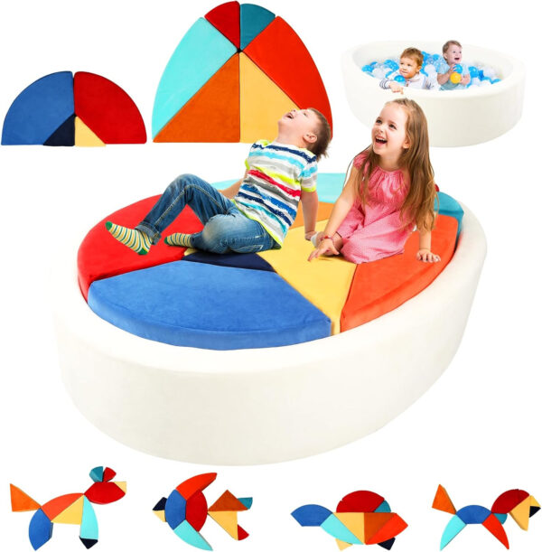 Kids Play Sofa, Tangram Square Puzzles Couch Furniture, Modular Kids Play Couchs Furniture, Puzzle Solving Couch Building Fort for Playroom Bedroom Boys Girls Teens, Rainbow