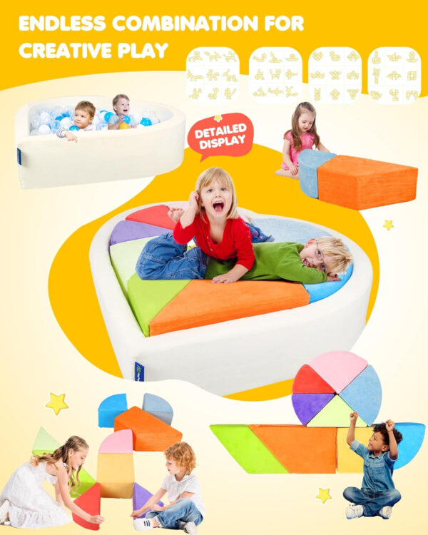 Kids Play Sofa, Tangram Square Puzzles Couch Furniture, Modular Kids Play Couchs Furniture, Puzzle Solving Couch Building Fort for Playroom Bedroom Boys Girls Teens, Rainbow