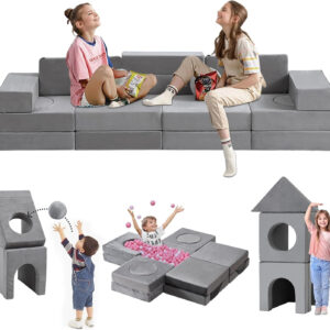 22Pcs Modular Kids Play Couch, 1000+DIY Creativing Playroom Furniture for Kids, Toddler Couch, Convertible Foam and Floor Cushion for Boys and Girls,Dark Grey2
