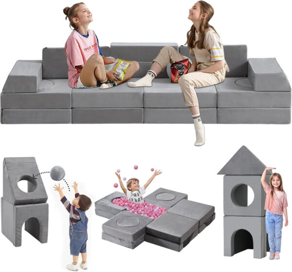 22Pcs Modular Kids Play Couch, 1000+DIY Creativing Playroom Furniture for Kids, Toddler Couch, Convertible Foam and Floor Cushion for Boys and Girls,Dark Grey2