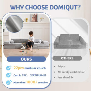 22Pcs Modular Kids Play Couch, 1000+DIY Creativing Playroom Furniture for Kids, Toddler Couch, Convertible Foam and Floor Cushion for Boys and Girls,Dark Grey2