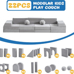 22Pcs Modular Kids Play Couch, 1000+DIY Creativing Playroom Furniture for Kids, Toddler Couch, Convertible Foam and Floor Cushion for Boys and Girls,Dark Grey2