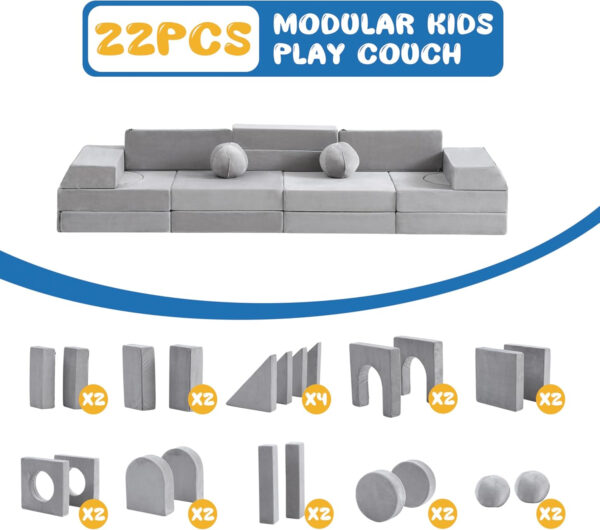 22Pcs Modular Kids Play Couch, 1000+DIY Creativing Playroom Furniture for Kids, Toddler Couch, Convertible Foam and Floor Cushion for Boys and Girls,Dark Grey2