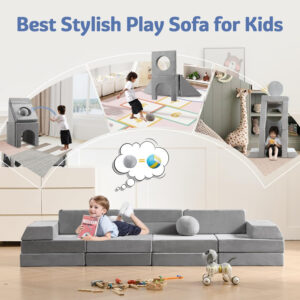 22Pcs Modular Kids Play Couch, 1000+DIY Creativing Playroom Furniture for Kids, Toddler Couch, Convertible Foam and Floor Cushion for Boys and Girls,Dark Grey2