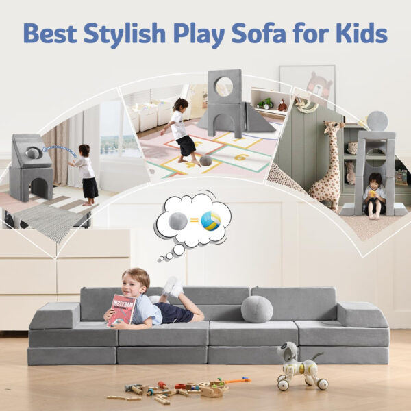 22Pcs Modular Kids Play Couch, 1000+DIY Creativing Playroom Furniture for Kids, Toddler Couch, Convertible Foam and Floor Cushion for Boys and Girls,Dark Grey2