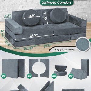 Lunix LX15 14pcs Modular Kids Play Couch, Child Sectional Sofa, Fortplay Bedroom and Playroom Furniture for Toddlers, Convertible Foam and Floor Cushion for Boys and Girls, Gray