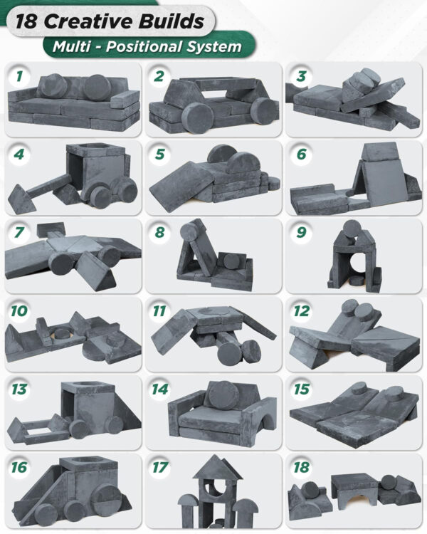 Lunix LX15 14pcs Modular Kids Play Couch, Child Sectional Sofa, Fortplay Bedroom and Playroom Furniture for Toddlers, Convertible Foam and Floor Cushion for Boys and Girls, Gray