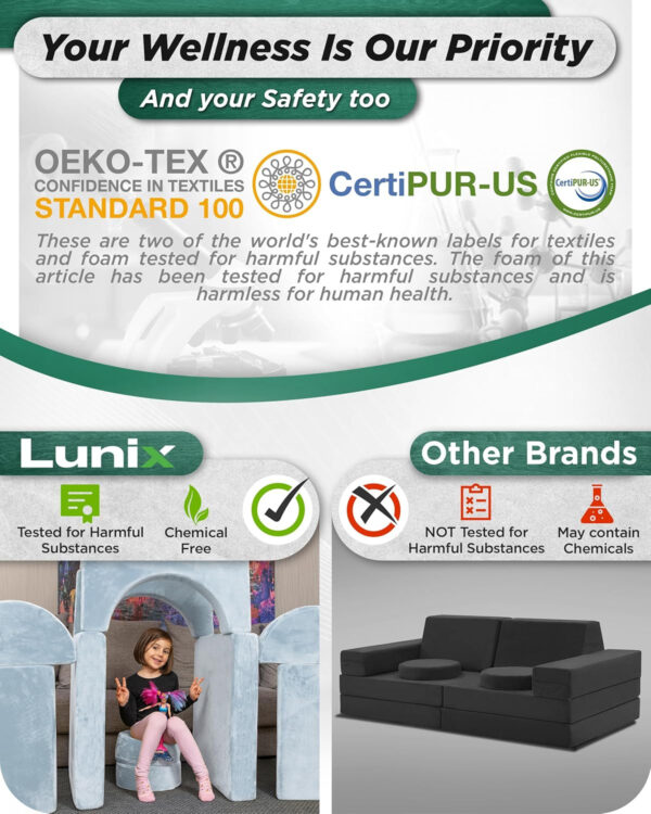 Lunix LX15 14pcs Modular Kids Play Couch, Child Sectional Sofa, Fortplay Bedroom and Playroom Furniture for Toddlers, Convertible Foam and Floor Cushion for Boys and Girls, Gray