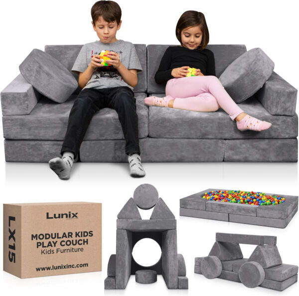 Lunix LX15 14pcs Modular Kids Play Couch, Child Sectional Sofa, Fortplay Bedroom and Playroom Furniture for Toddlers, Convertible Foam and Floor Cushion for Boys and Girls, Gray